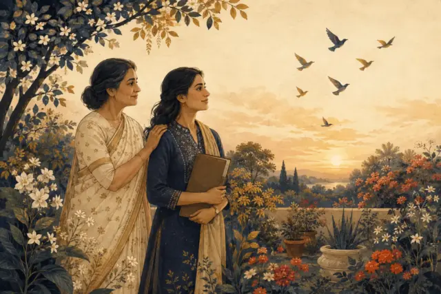 सुनहरे आकाश और उड़ते पक्षियों के सामने अपनी बेटी के कंधे पर स्नेह से हाथ रखे माँ का कल्पनात्मक चित्र।