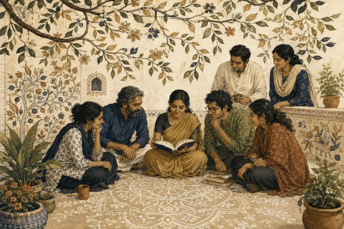 मिथिला शैली की दीवार और अरिपन वाले आँगन में साथ पढ़ते लोग।