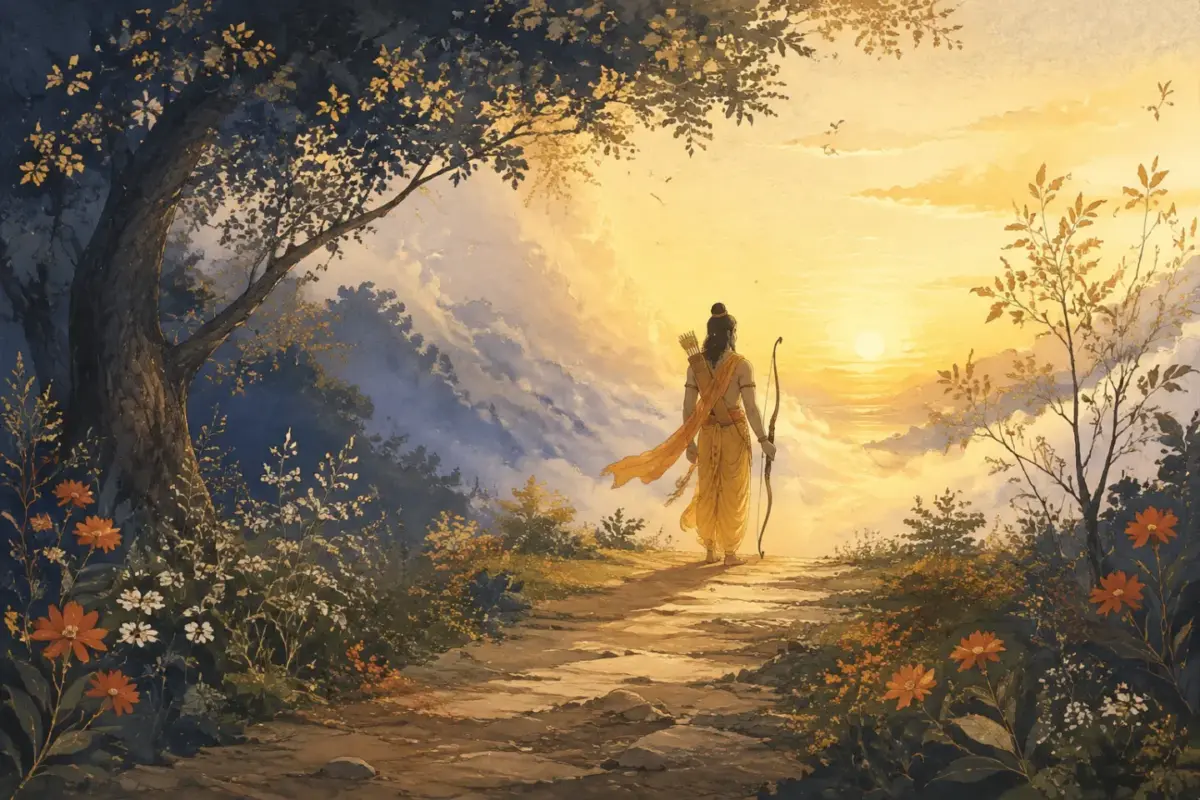 धुंध से सुनहरे प्रकाश की ओर जाते धनुषधारी श्रीराम का कल्पनात्मक चित्र।