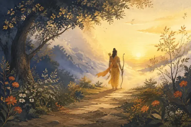 धुंध से सुनहरे प्रकाश की ओर जाते धनुषधारी श्रीराम का कल्पनात्मक चित्र।
