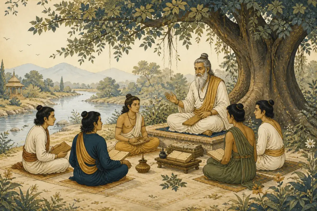 नदी के पास वृक्ष के नीचे गुरु और विद्यार्थियों का कल्पनात्मक गुरुकुल दृश्य।